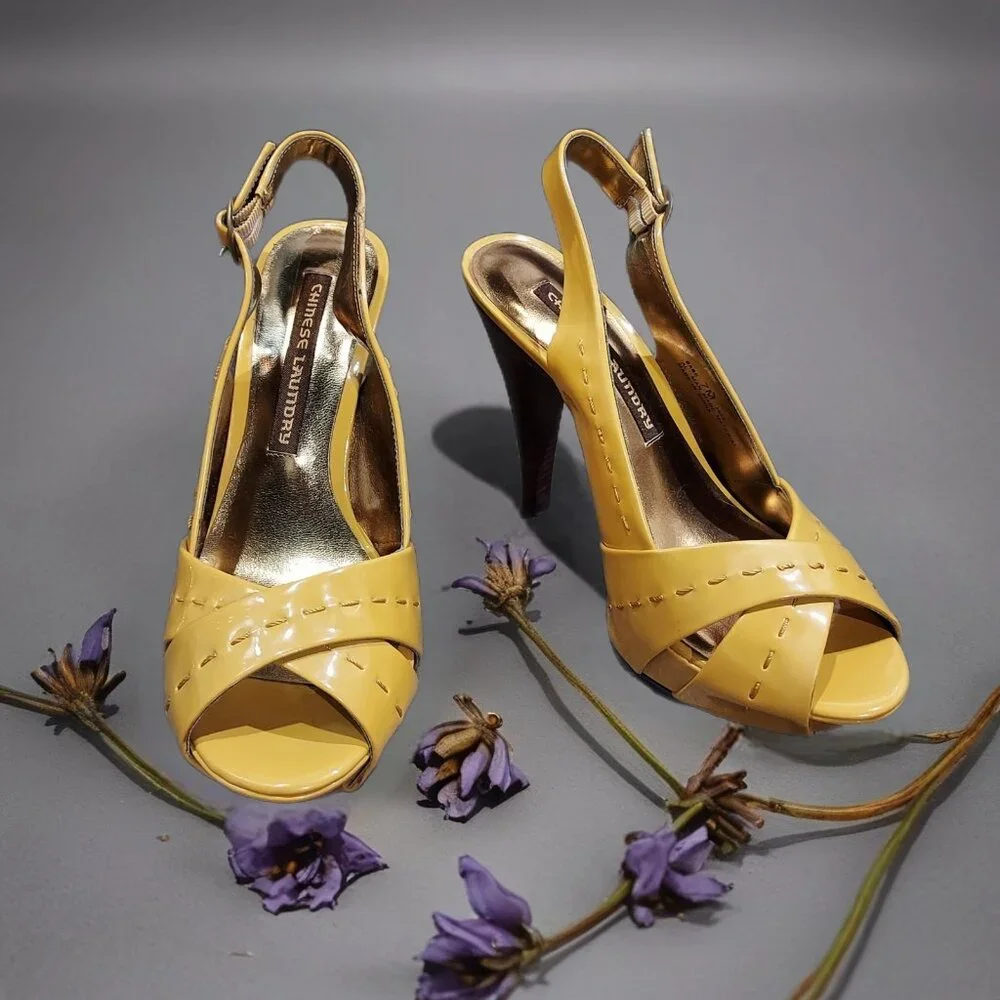 Chinese Laundry Yellow Patent Leather Slingback Brown Heels Pickstitch Size 7 - Picture 11 of 12